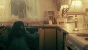 Child reaching into a kitchen cabinet, soft lighting creating a warm, nostalgic atmosphere.