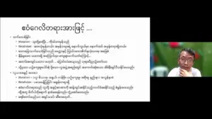 Presentation slide featuring text in Burmese, highlighting key points in a concise format with a speaker in the corner.