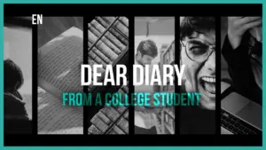 A dynamic collage of a college student's life, featuring emotions, books, and study scenes with the title "Dear Diary."