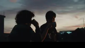 Two friends enjoying drinks against a sunset backdrop, creating a warm and nostalgic atmosphere.