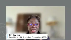 Dr. Joy Isa, President of ISA School of Education, speaks passionately in a virtual meeting.