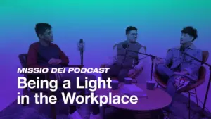 Three podcast hosts discussing workplace positivity, featuring microphones and a modern set design.