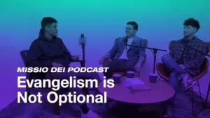 Three hosts discussing evangelism on the Missio Dei Podcast, featuring vibrant colors and a cozy studio setup.