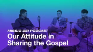 Three podcast hosts discussing sharing the Gospel, with microphones and colorful backgrounds in a cozy setting.