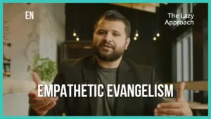 Man in a blazer discussing 'Empathetic Evangelism' in a modern, well-lit environment with engaging expressions.