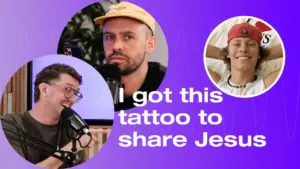 Two men discussing faith, one with a tattoo, on a colorful purple background. Engaging conversation about sharing Jesus.