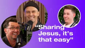 Two smiling men with microphones discuss faith, with a background blending purple tones and an inspiring quote about sharing Jesus.