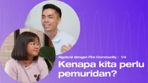 Two young adults engaging in a conversation about community building, with a vibrant purple background and text in Indonesian.