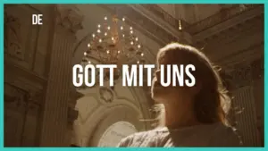 Woman gazing upwards in an ornate interior, with "GOTT MIT UNS" prominently displayed above.