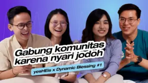 Four young adults smiling together, promoting a community event for finding relationships, vibrant background colors.