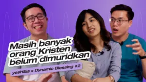 Three young adults discussing faith and community with vibrant purple background, representing a dynamic conversation.