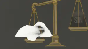 A graphic of a weighing scale with a white cloth draped over one side, symbolizing balance and justice.