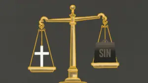 Golden scales balancing a cross on one side and a weight labeled "SIN" on the other, symbolizing moral judgment.