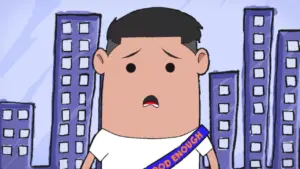 Animated character with a sad expression wearing a sash that says "Good Enough" surrounded by skyscrapers in the background.