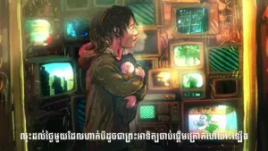 A person holding a child stands amidst glowing vintage TVs, depicting a blend of nostalgia and emotion in a vibrant setting.