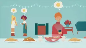 A colorful illustration of a man texting while two women chat, surrounded by food and festive decorations.