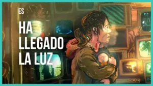 A person holding a baby stands before vintage TVs, with the text "Ha llegado la luz" prominently displayed.