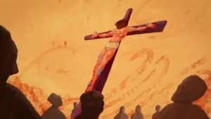 Dramatic depiction of a crucifixion scene with silhouettes of onlookers against a colorful sunset background.