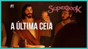 Animated scene of the Last Supper from Superbook, featuring characters celebrating with cups and a warm, inviting atmosphere.