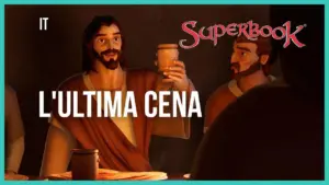 Animated depiction of the Last Supper featuring characters from Superbook, highlighting a pivotal biblical moment.