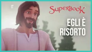 Animated character from Superbook with a joyful expression, promoting the message "He is risen" against a nature backdrop.