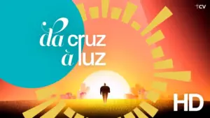 Vibrant sunset with a silhouette walking towards the light, featuring the text "da cruz à luz" and HD logo.