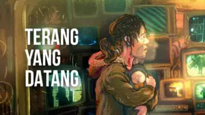 Illustration of a woman holding a baby amidst a backdrop of vintage television screens, conveying themes of hope and arrival.