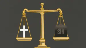 Golden scales balancing a white cross on one side and a black bag labeled "SIN" on the other against a dark background.