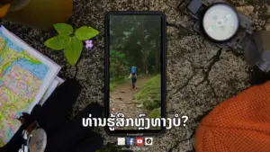 Hiker with a backpack on a forest trail, surrounded by outdoor gear, map, and watch for adventure enthusiasts.