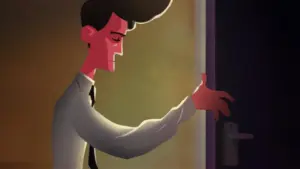 Stylized man in a suit opening a door with a thoughtful expression, illuminated by warm light.