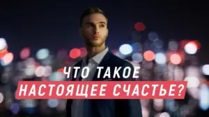 Young man in a suit looks thoughtfully at city lights, with text questioning the meaning of true happiness in Russian.