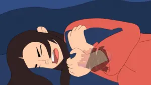 Animated character in distress, lying down with hands gripping her arm, reflecting pain and emotion.