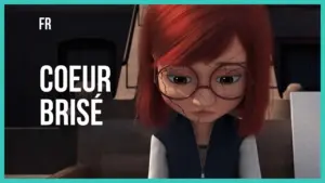 A sad animated girl with red hair and glasses, looking down, representing the theme of heartbreak in 'Coeur Brisé'.