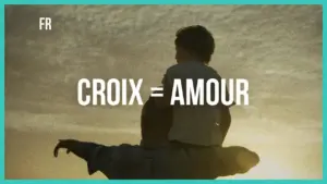 Silhouette of a parent lifting a child at sunset, with text "CROIX = AMOUR" emphasizing love and connection.