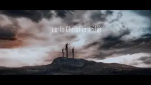 Three crossed figures on a rocky hill under dramatic clouds, conveying a powerful spiritual message.