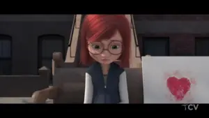 A young girl with red hair and glasses sits on a bench, looking thoughtfully at a drawing of a heart beside her.