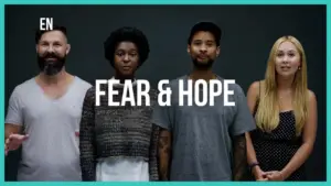 Diverse group of people expressing emotions with "Fear & Hope" text overlay, showcasing unity and contrasting feelings.