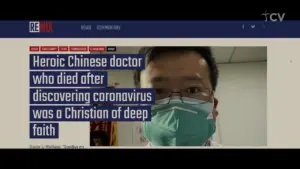 Chinese doctor in a mask featured on a news website, highlighting his discovery of coronavirus and faith.