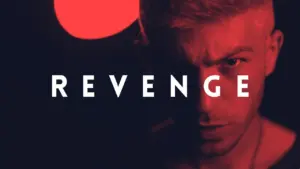 Intense close-up of a determined man with bold text reading "REVENGE" against a striking red background.