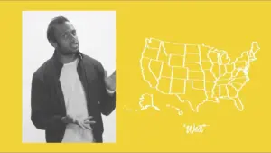 Man gesturing beside a white outline map of the United States on a bright yellow background. Engaging and informative image.