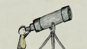 Child peering through a large telescope, intrigued by the wonders of the universe, illustrated in a whimsical style.