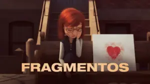 Animated character with reddish hair and glasses sitting on steps, looking thoughtful beside a heart painting and the title "Fragmentos."