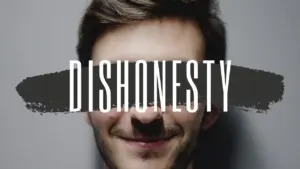 Smiling man with the word "DISHONESTY" overlay, capturing themes of contrast between expression and text.