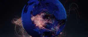 Abstract digital globe with vibrant, interconnected lines representing global data flow and technology innovation.