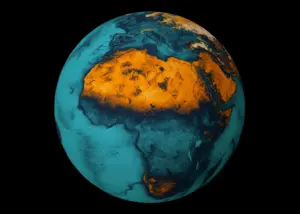 Colorful 3D globe highlighting Africa with vibrant orange landmasses and blue oceans against a black background.