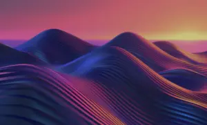 Vibrant abstract landscape with flowing, wavy hills in shades of purple and orange at sunset.