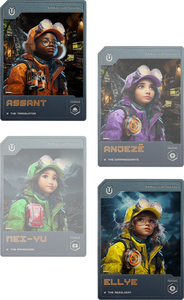 Four character cards featuring diverse explorers in colorful jackets, set against a dramatic, high-tech background.