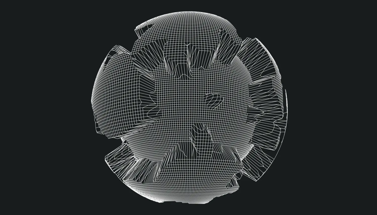 3D wireframe model of a spherical shape with geometric facets on a dark background, showcasing intricate design and detail.